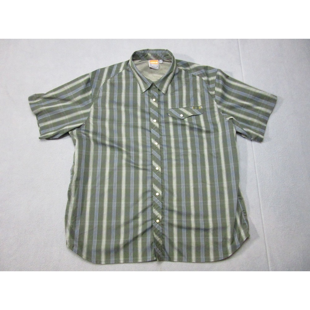 Merrell Shirt Mens 2XL Green Striped Pearl Snap Outdoor Short Sleeve Opti Wick